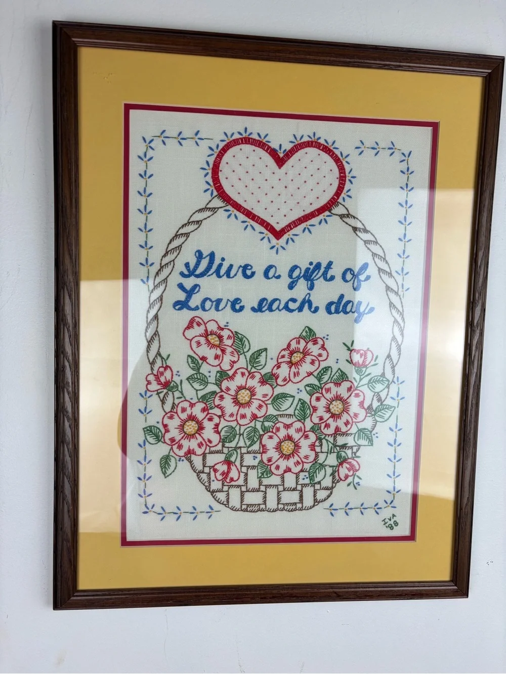Vintage Hand-Embroidered Flower Basket”Give a Gift of Love Each Day”Frame/Matted